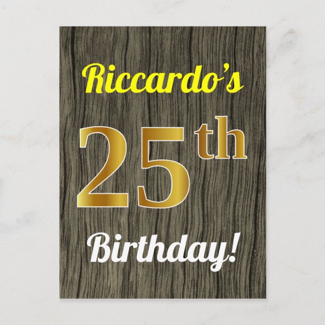 Carte Postale Faux Bois, Faux Or 25e Anniversaire & Nom Personna (Devant)