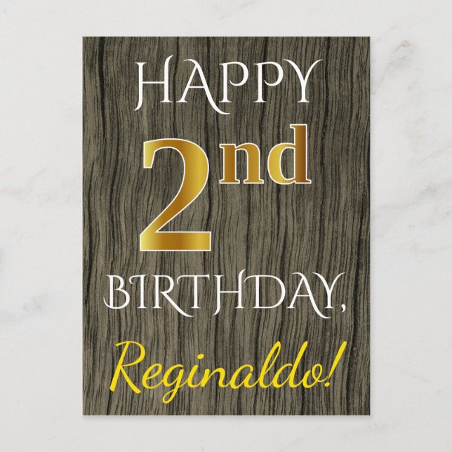 Carte Postale Faux Bois, Faux Or 2e Anniversaire + Nom Personnal (Devant)