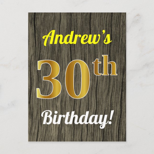 Carte Postale Faux Bois, Faux Or 30e Anniversaire & Nom Personna (Devant)