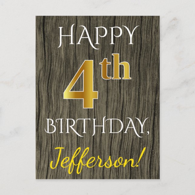 Carte Postale Faux Bois, Faux Or 4e Anniversaire + Nom personnal (Devant)