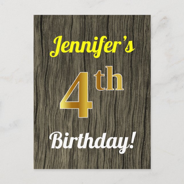Carte Postale Faux Bois, Faux Or 4e Anniversaire & Nom Personnal (Devant)