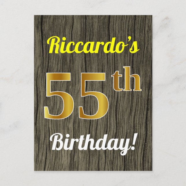 Carte Postale Faux Bois, Faux Or 55e Anniversaire & Nom Personna (Devant)