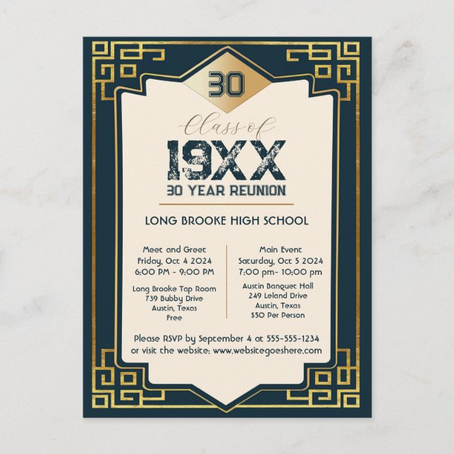 Carte Postale Faux Gold Art Déco 30 Année Réunion lycée (Devant)