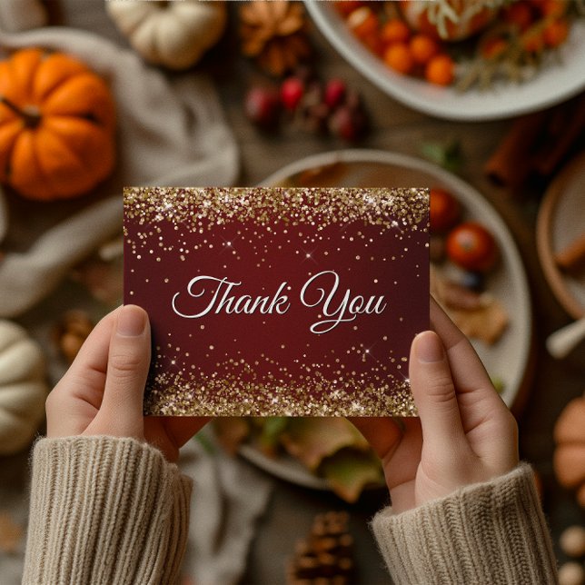 Carte Postale Faux Pailleté Or Étincelant Remerciement Bourgogne (Faux Sparkly Gold Glitter Burgundy Thank You Postcard)