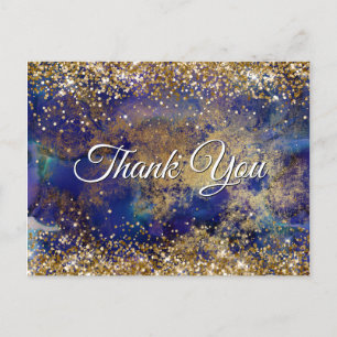 Carte Postale Faux Pailleté Or Paillettes Indigo Marbre Merci