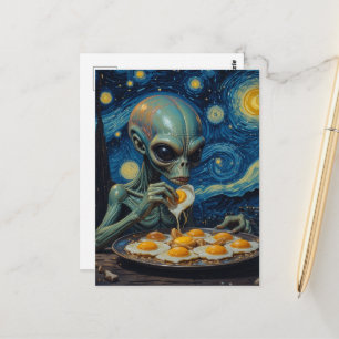 Carte Postale Faux Van Gogh Alien Bleu Mangeant des Œufs Frits