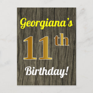 Carte Postale Faux Wood, Faux Gold 11e Anniversaire & Nom person