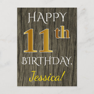 Carte Postale Faux Wood, Faux Gold 11e anniversaire + Nom person