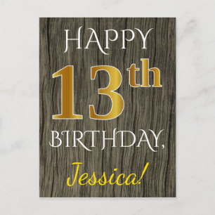 Carte Postale Faux Wood, Faux Gold 13e anniversaire + Nom person