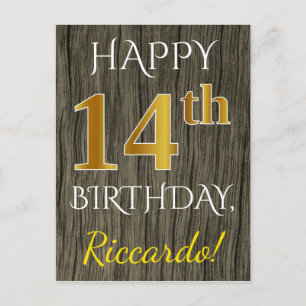 Carte Postale Faux Wood, Faux Gold 14e anniversaire + Nom person