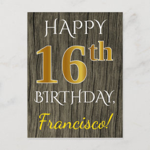 Carte Postale Faux Wood, Faux Gold 16e anniversaire + Nom person