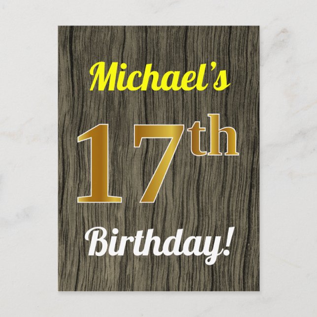 Carte Postale Faux Wood, Faux Gold 17th Birthday & Custom Name (Devant)