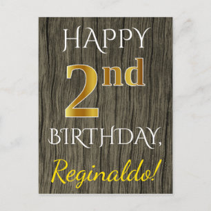 Carte Postale Faux Wood, Faux Gold 2e anniversaire + Nom personn