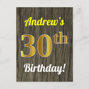 Carte Postale Faux Wood, Faux Gold 30th Birthday & Custom Name