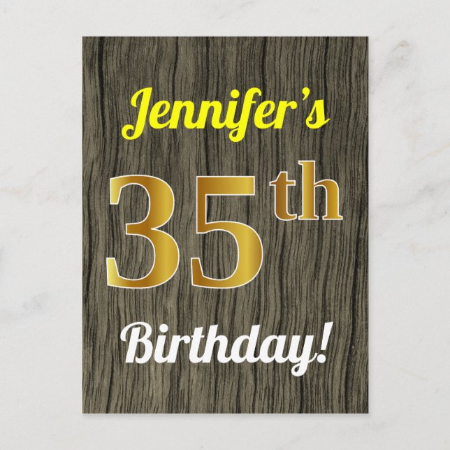 Carte Postale Faux Wood, Faux Gold 35th Birthday & Custom Name (Devant)