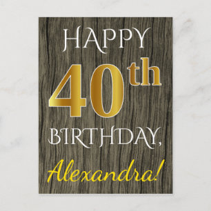 Carte Postale Faux Wood, Faux Gold 40e anniversaire + Nom person