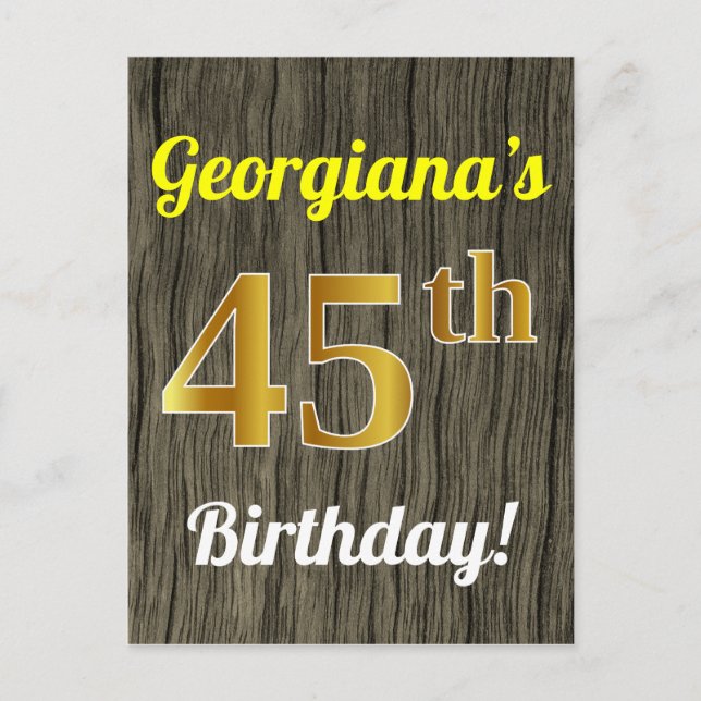 Carte Postale Faux Wood, Faux Gold 45th Birthday & Custom Name (Devant)
