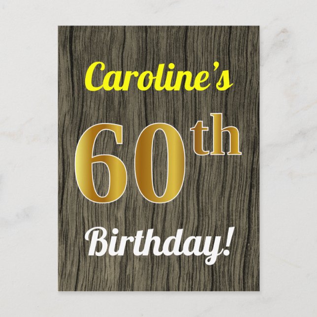 Carte Postale Faux Wood, Faux Gold 60th Birthday & Custom Name (Devant)