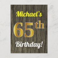 Faux Wood, Faux Gold 65th Birthday & Custom Name