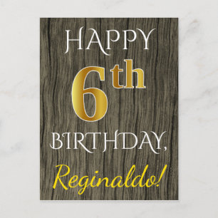 Carte Postale Faux Wood, Faux Gold 6e anniversaire + Nom personn