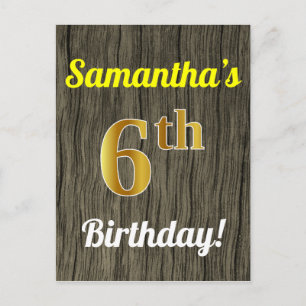 Carte Postale Faux Wood, Faux Gold 6e anniversaire & Nom personn