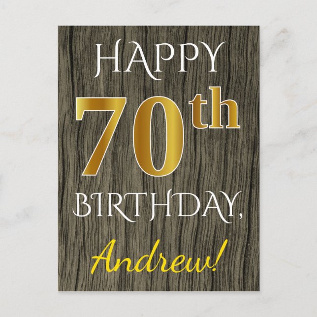 Carte Postale Faux Wood, Faux Gold 70e anniversaire + Nom person (Devant)