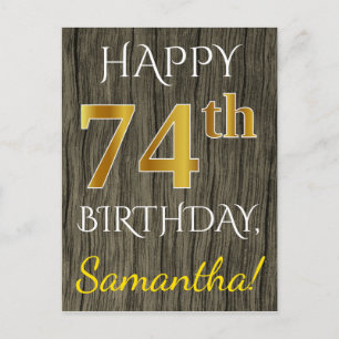 Carte Postale Faux Wood, Faux Gold 74e anniversaire + Nom person
