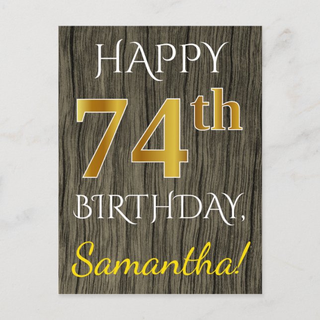 Carte Postale Faux Wood, Faux Gold 74e anniversaire + Nom person (Devant)