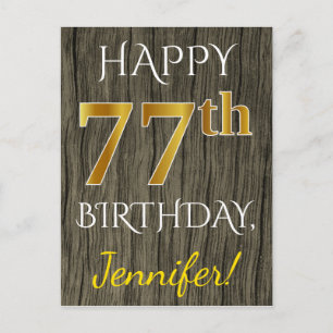 Carte Postale Faux Wood, Faux Gold 77e anniversaire + Nom person
