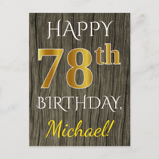 Carte Postale Faux Wood, Faux Gold 78e anniversaire + Nom person (Devant)