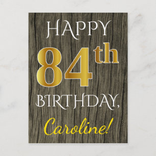 Carte Postale Faux Wood, Faux Gold 84e anniversaire + Nom person