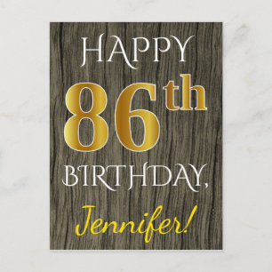 Carte Postale Faux Wood, Faux Gold 86e anniversaire + Nom person
