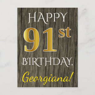 Carte Postale Faux Wood, Faux Gold 91e anniversaire + Nom person