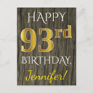 Carte Postale Faux Wood, Faux Gold 93e anniversaire + Nom person