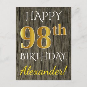 Carte Postale Faux Wood, Faux Gold 98e anniversaire + Nom person
