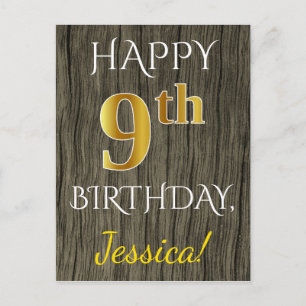 Carte Postale Faux Wood, Faux Gold 9e Anniversaire + Nom personn