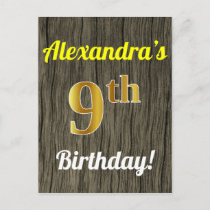 Carte Postale Faux Wood, Faux Gold 9th Birthday & Custom Name