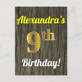 Carte Postale Faux Wood, Faux Gold 9th Birthday & Custom Name