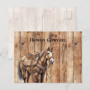 Carte Postale Faux Wood Western Cowboy Cowgirl Horse Howse