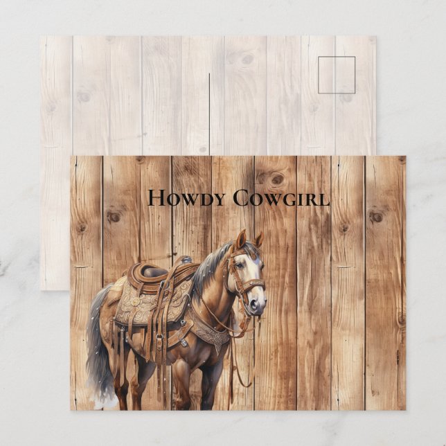 Carte Postale Faux Wood Western Cowboy Cowgirl Horse Howse (Devant / Derrière)