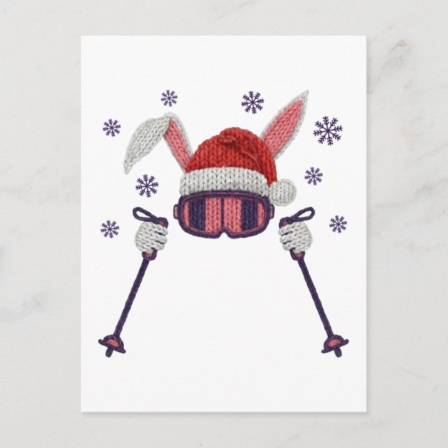 Carte Postale Faux yarn skiing rabbit with Santa hat winter humo (Devant)