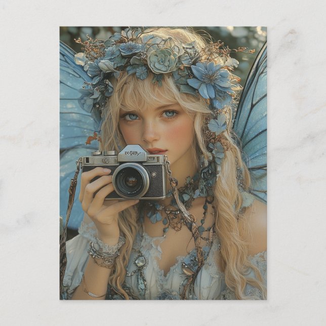 Carte Postale Fée adorable avec ailes bleues et une caméra (Devant)