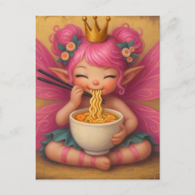 Carte Postale Fée adorable avec cheveux roses manger Ramen (Devant)