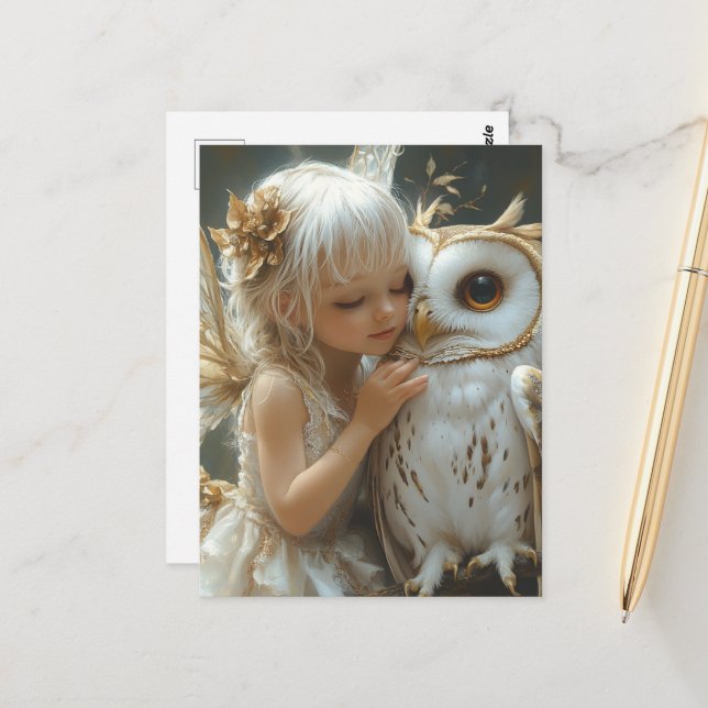 Carte Postale Fée adorable et hibou (Devant/Arrière en situation)