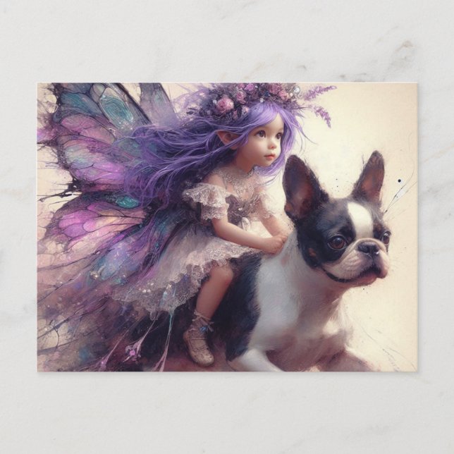 Carte Postale Fée aux cheveux violets montant un Boston Terrier  (Devant)
