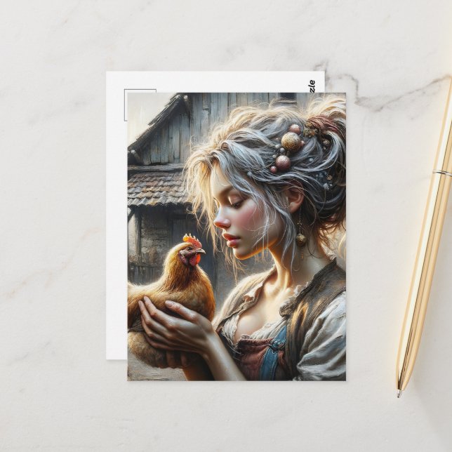 Carte Postale Fée avec une poule (Devant/Arrière en situation)