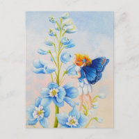 Fée bleue sur l'aquarelle de la fleur de Delphiniu