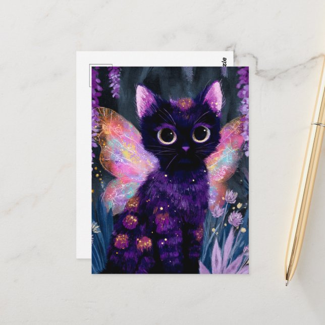 Carte Postale Fée Chat Noir Sucré (Devant/Arrière en situation)