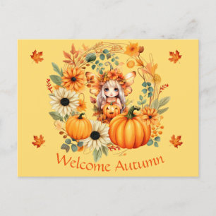 Carte Postale Fée Citrouille mignonne dans la couronne d'automne