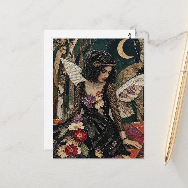 Carte Postale Fée Collage en techniques mixtes (Devant/Arrière en situation)